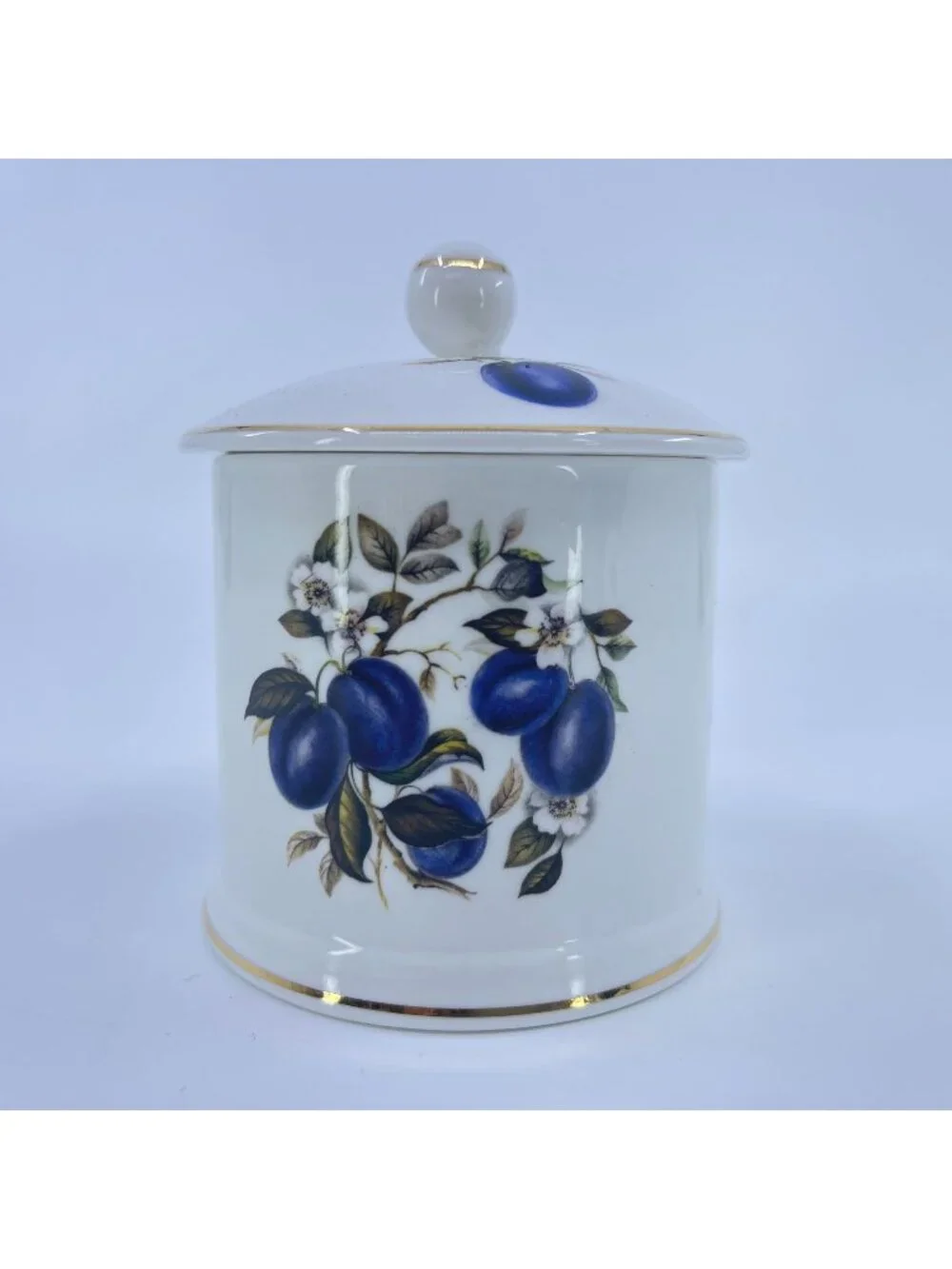 vintage fortnum & mason jam jar fine bone china blue plum motif gold trim